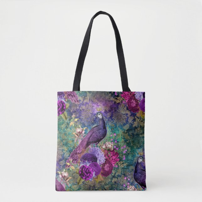Purple Crowned Peacock with Flowers Tote Bag (Front)