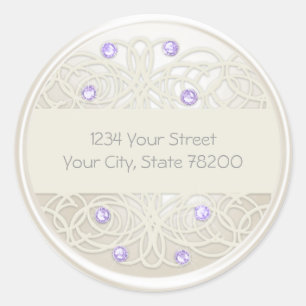 Purple Crystal and Pearl Damask Return Address Classic Round Sticker