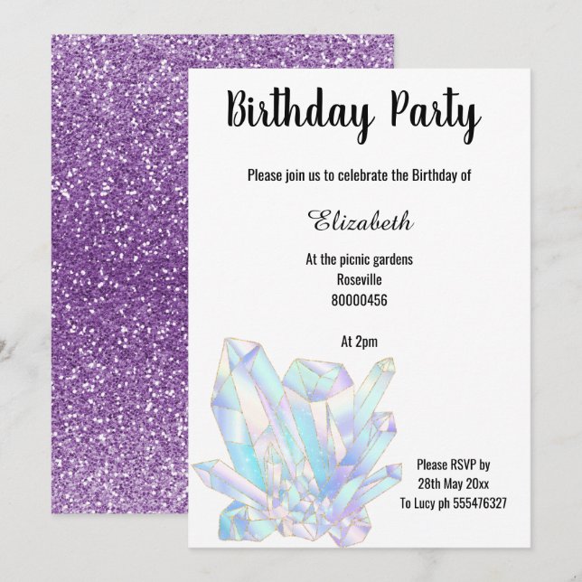 PURPLE CRYSTAL GLITTER BIRTHDAY INVITATION (Front/Back)