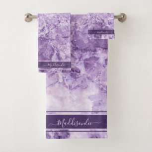 Purple crystal Monogram Name Marble Custom Bath Towel Set