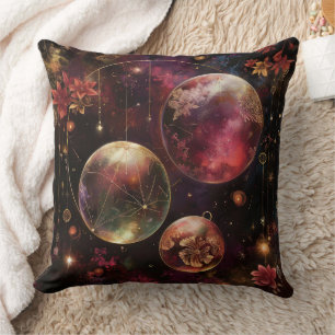 Purple Crystal Planet Galaxy Floral Cosmic Throw Pillow