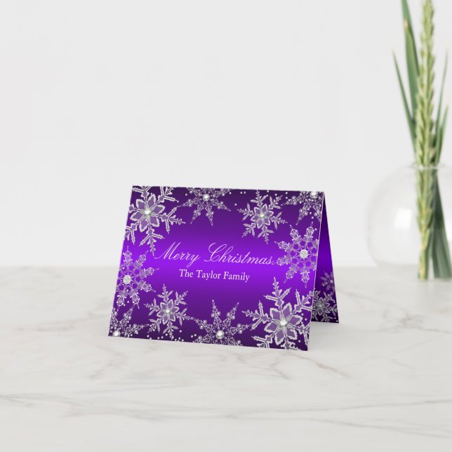 Purple Crystal Snowflake Merry Christmas Card (Front)