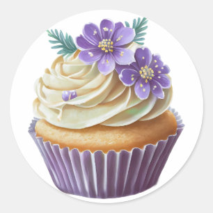 Purple cupcake with flowers birthday  classic round sticker