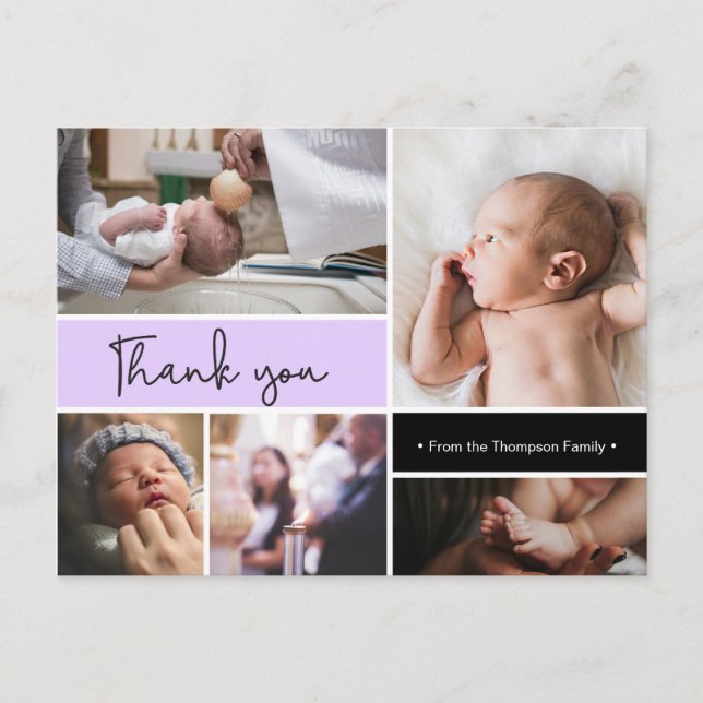 Purple Custom Baby Baptism Thank you Photo collage Postcard (Front)