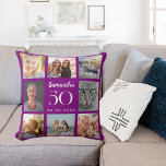 Purple custom photo collage birthday throw pillow<br><div class="desc">A unique gift for a 21st birthday,  celebrating her life with a collage of 8 of your own photos,  pictures.  Personalize and add her name,  age and date. A deep purple background colour,  white text.   The name is written with a modern hand lettered style script.</div>