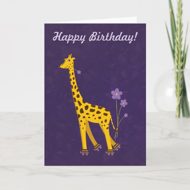 Purple Customizable Text Funny Giraffe Birthday Card (Front)