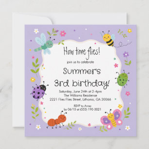 Purple Cute Bugs Girls Birthday Invitation