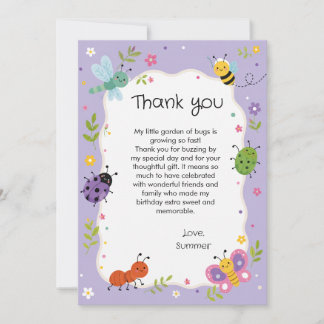 Purple Cute Bugs Girls Birthday Thank You Card