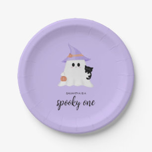 Purple Cute Ghost Halloween 1st Birthday Party Paper Plate