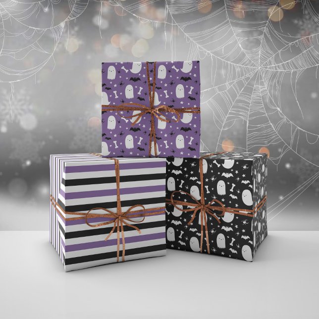 Purple Cute Ghosts & Bats Orange Halloween Wrapping Paper Sheet (Creator Uploaded)