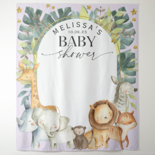 Purple cute jungle baby animals shower backdrop tapestry