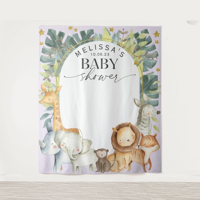 Purple cute jungle baby animals shower backdrop tapestry (Front)