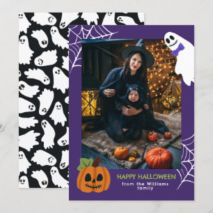 Purple Cute Pumpkin & Ghost Happy Halloween Photo Holiday Card