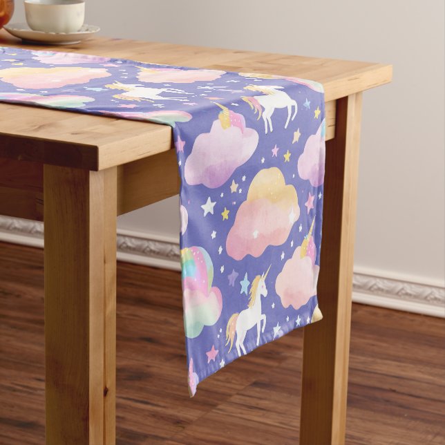 Purple Cute Rainbow unicorn birthday girls  kids Short Table Runner (In Situ)