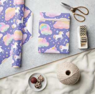 Purple Cute Rainbow unicorn birthday girls kids Wrapping Paper