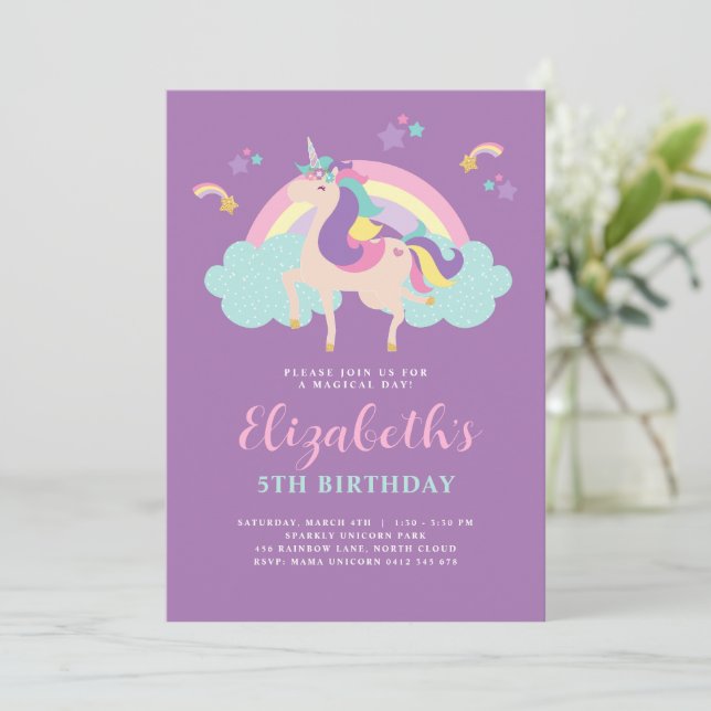 Purple Cute Rainbow Unicorn Personalised Birthday Invitation (Standing Front)