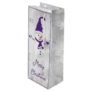 Purple Cute Snowman Holiday Wine Gift Bag