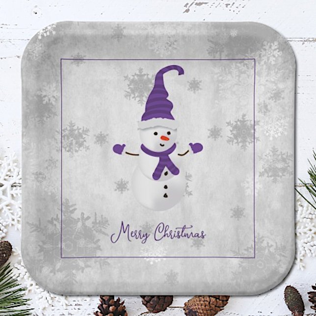 Purple Cute Snowman Paper Plate (Purple Cute Snowman Christmas Paper Plates)