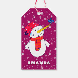 Purple Cute Snowman with Snowflakes Kids Christmas Gift Tags