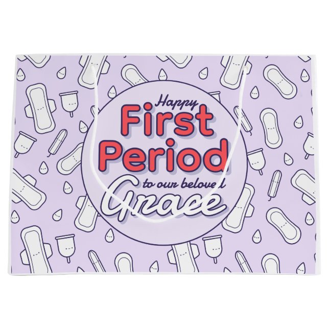 Purple Cute Tampon Pad First Period Party Large Gift Bag (Front)