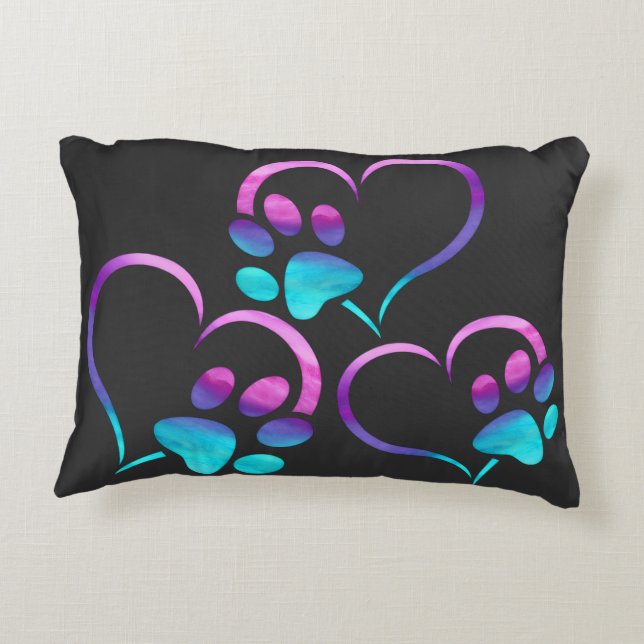 Purple Cyan Dog paw Print Heart  Accent Pillow (Back)