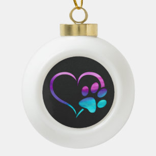 Purple Cyan Dog paw Print Heart  Ceramic Ball Christmas Ornament