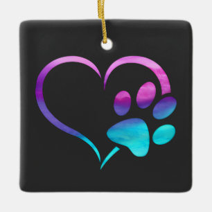 Purple Cyan Dog paw Print Heart  Ceramic Ornament