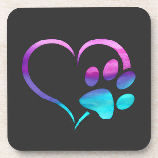 Purple Cyan Dog paw Print Heart Coaster