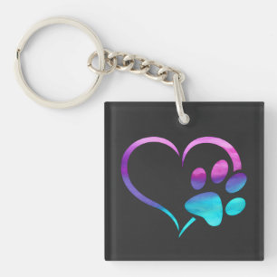 Purple Cyan Dog paw Print Heart Keychain