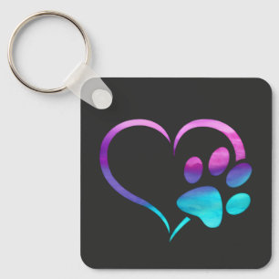 Purple Cyan Dog paw Print Heart Keychain
