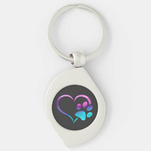 Purple Cyan Dog paw Print Heart Keychain