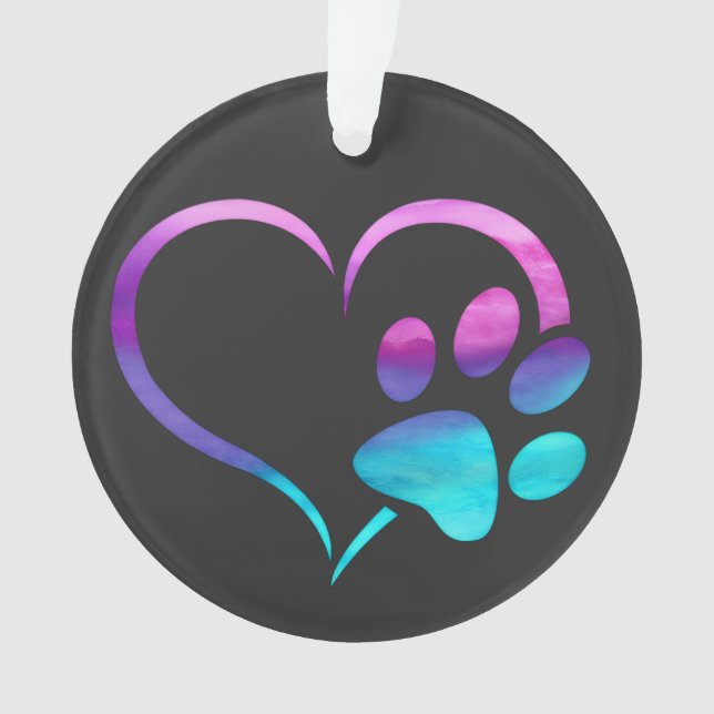 Purple Cyan Dog paw Print Heart  Ornament (Front)