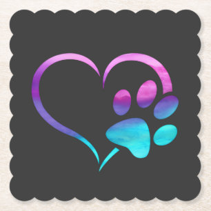 Purple Cyan Dog paw Print Heart  Paper Coaster