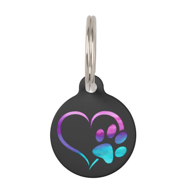 Purple Cyan Dog paw Print Heart  Pet Tag (Front)