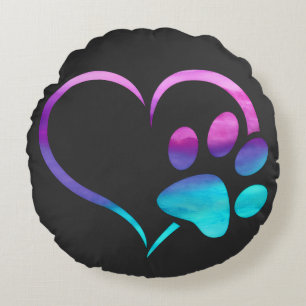 Purple Cyan Dog paw Print Heart  Round Pillow