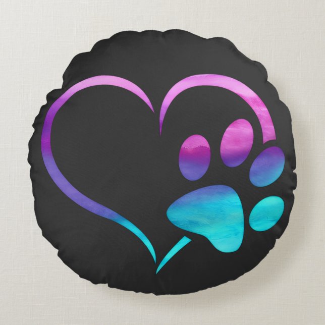 Purple Cyan Dog paw Print Heart  Round Pillow (Front)
