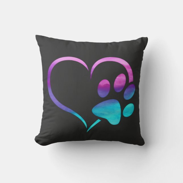 Purple Cyan Dog paw Print Heart  Throw Pillow (Front)