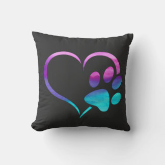 Purple Cyan Dog paw Print Heart Throw Pillow