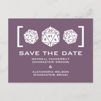 Purple D20 Dice Gamer Save the Date Postcard