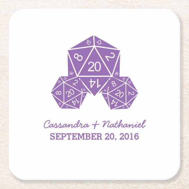 Purple D20 Dice Wedding Paper Coasters (Front)