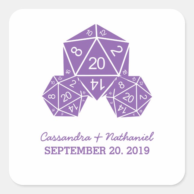 Purple D20 Dice Wedding Stickers (Front)