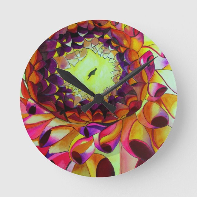 Purple Dahlia abstract original flower art Round Clock (Front)