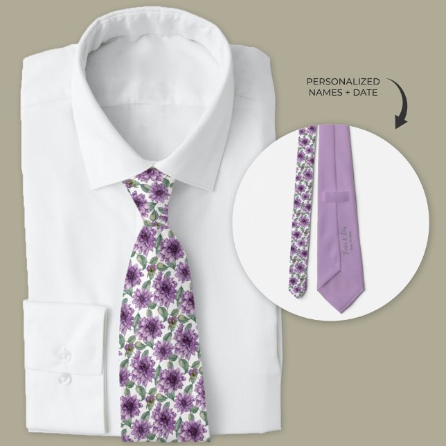 Purple Dahlia Floral Personalized Groomsmen Tie (Purple dahlia floral personalized wedding tie for groomsmen)