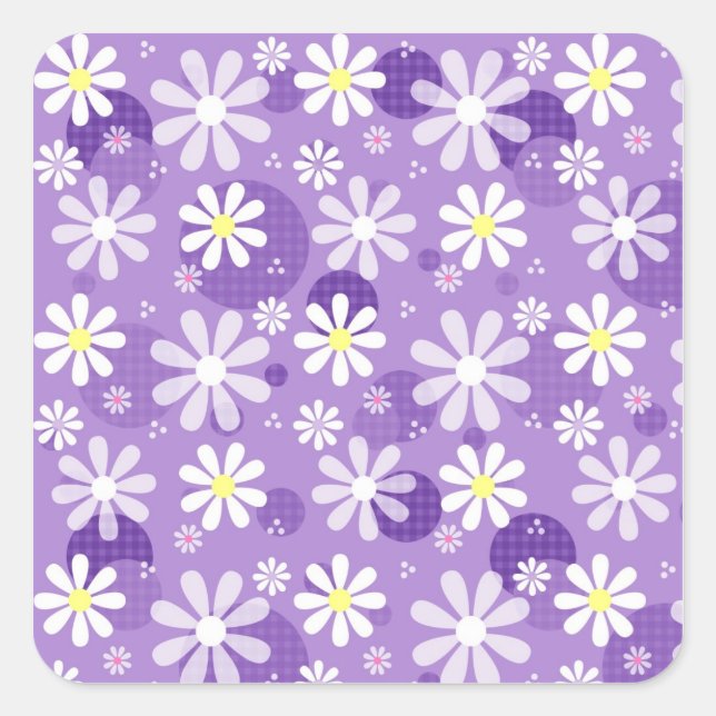Purple Daisies and Gingham Polka Dots Square Sticker (Front)
