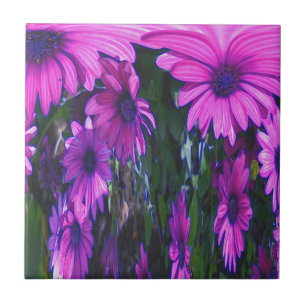 Purple Daisies Floral Abstract Art Tile