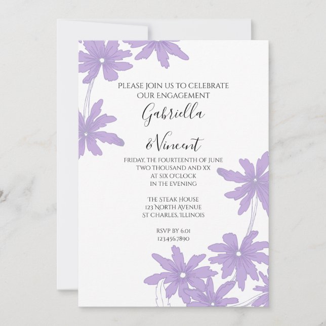 Purple Daisies on White Engagement Party Invitation (Front)