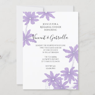 Purple Daisies on White Wedding Rehearsal Dinner Invitation
