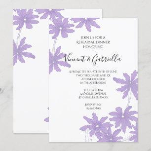 Purple Daisies on White Wedding Rehearsal Dinner Invitation