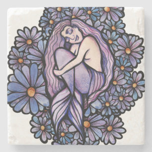 Purple Daisies Sleeping Mermaid Stone Coaster