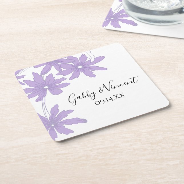 Purple Daisies Wedding Square Paper Coaster (Angled)